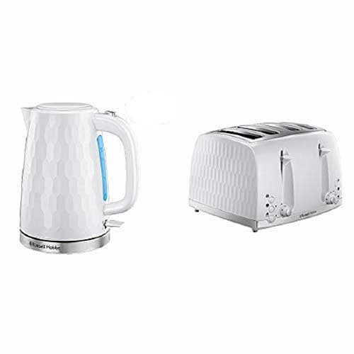 Image of Russell Hobbs Honeycomb Kettle and 4 Slice Toaster, White