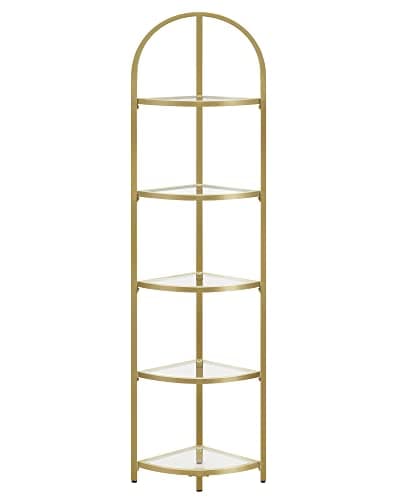 Image of VASAGLE Corner Shelf, 5-Tier Plant Stand, Freestanding Glass Shelf Tower, High Storage Shelves for Living Room, Bathroom, Bedroom, Modern Style, Golden Color LGT810A01