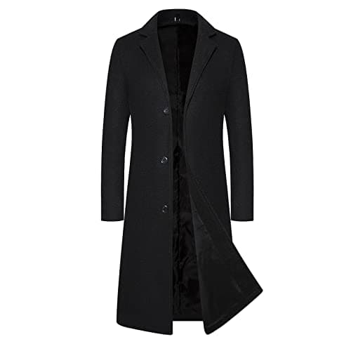 Image of Casual Long Black Trench Coat Men, Wool Notched Collar Overcoat Full Length Double Breasted Long Pea Coat Winter Warm Jacket Coat Business Casual Smart Outwear Slim Fit Trench Coat, Size