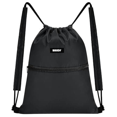Image of WANDF Drawstring Backpack with Shoulder Pad String Bag Sackpack Cinch Water Resistant Nylon for Gym Shopping Sport Yoga (Black)