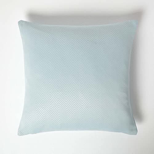 Image of HOMESCAPES Pastel Blue Cushion Cover 18 x 18 Inch (45 x 45 cm) Herringbone Chevron Textured Retro Geometric Design Sofa Cushion. Matching Curtains & Free Sample Swatches Available