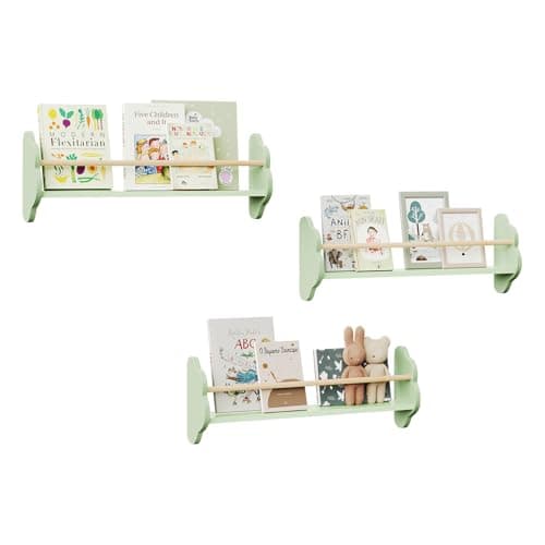 Image of WOLTU Kids Wall Shelves Set of 3 Floating Shelves Kids Bookshelf, Children’s Bookcase Wall Mounted Book Storage Unit, Toy Organiser, Cloud Shape, Green, 55x12.7x23cm