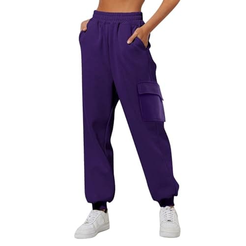 Image of Womens Trousers Women’s Fleece Lined Sweatpants Wide Straight Leg Pants Bottom Sweatpants Joggers Pants Workout High Waisted Yoga Pants with Pockets (Purple, XXL)