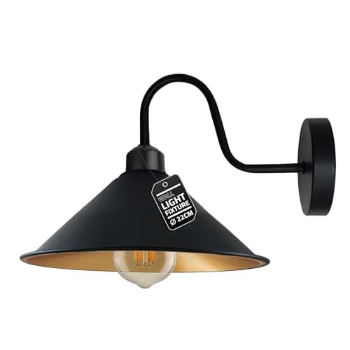 Image of LEDSone Vintage Wall Light Fixture Vintage Black Wall Sconce E27 Base Socket Screw Type Industrial Wall Mounted Swan Neck Cone Shape 22 cm Shade (Black Inner Gold, with Bulb)