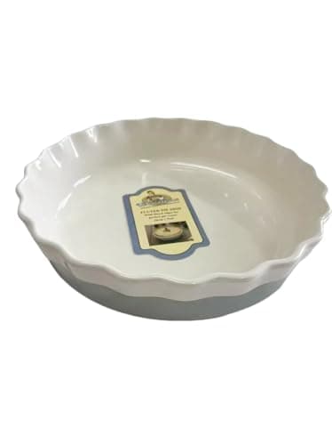 Image of Vintage Gourmet Stoneware Ceramic Pie Dish with Fluted Edges, Round Deep Baking Pan, Oven Safe to 250°C, Dishwasher Safe, White Glaze, 26 cm Diameter, 5 cm Depth
