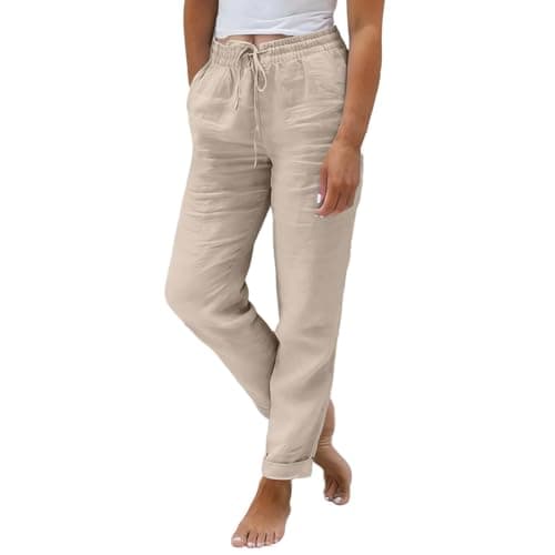 Image of Generic Women's Linen Leisure Trousers, Lightweight Breathable Linen Trousers, Plain Elegant Jogging Trousers, Straight Leg Trousers with Drawstring, Pockets, Modern Casual Fashion, Summer Comfortable