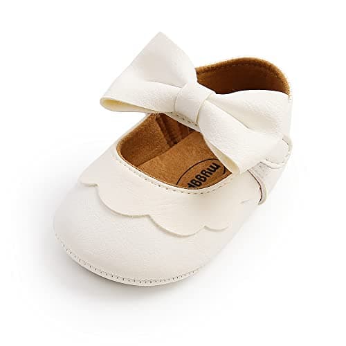 Image of MASOCIO Baby Girl Shoes Infant Girls First Walking Pram Crib Bow Christening Mary Jane Shoes Size 3 UK Child 6-12 Months White