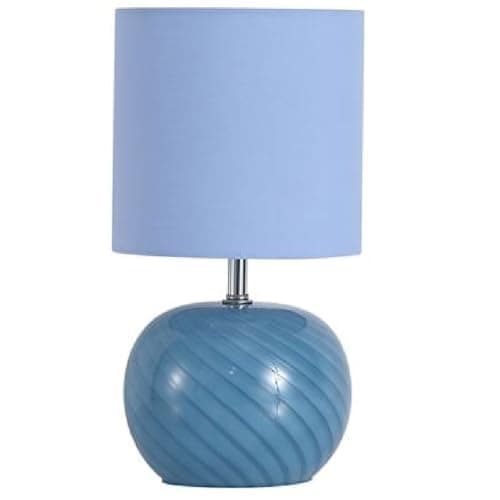 Image of Britalia Glass Table Lamp, Blue Swirl Base with Pastel Blue Linen Drum Shade, E27 Socket, 30cm Height x 16cm Diameter, 590g