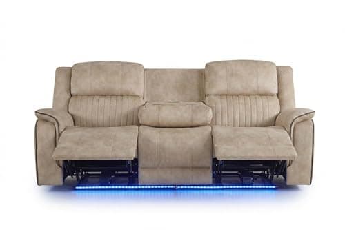 Image of Geneva Pro Fabric Electric Recliner Sofa 3+2 Seater Set - 3+2 Seater Sofa With Bluetooth/Cooling Cup-Holders/LED Lights/Wireless Charging/USB Charging Ports (Beige, 3 Seater)