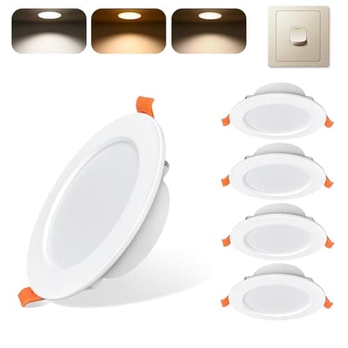 Image of Sweier 3-Step Color Changing LED Recessed Ceiling Light IP44-7W 600LM Downlight (3000K/4000K/6000K), Wall Switch Adjustable, Cutout 90-105mm, Ultra-Thin for Bathroom & Kitchen (White)
