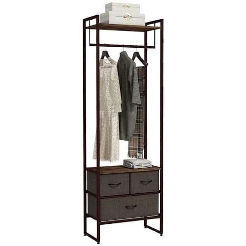 Image of HOMCOM Free Standing Clothes Rail with 3 Fabric Drawers and Storage Shelves, Garment Rack, Hanging Rail for Hallway, Bedroom and Living Room, Rustic Brown