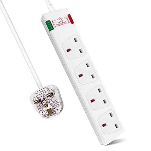 Image of ExtraStar 4 Way Extension Lead with Surge Protection, 13A/250V~ Multi Sockets Power Strips, 3120W Fused UK Plug Wall Mounted Power Socket with 5M Extension Cord-White