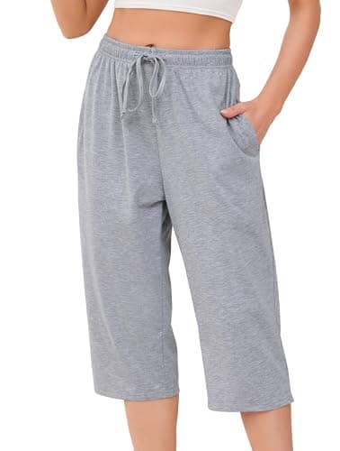 Image of Vlazom Cotton Women's Pyjamas Bottoms Casual Capri Pants Short Ladies Lounge Pants with Pockets Drawstring Sleepwear, Light Grey, XXL