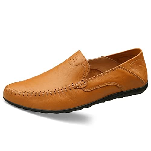 Image of Mens Loafers Leather Driving Shoes-Breathable Flat Casual Business Shoes Light Brown UK 12