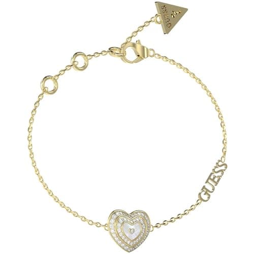 Image of GUESS Women's bracelet from the amami collection. The bracelet has a heart symbol and has a size: S. The bracelet has a gold and white colour. The reference is: JUBB04027JWYGWHS