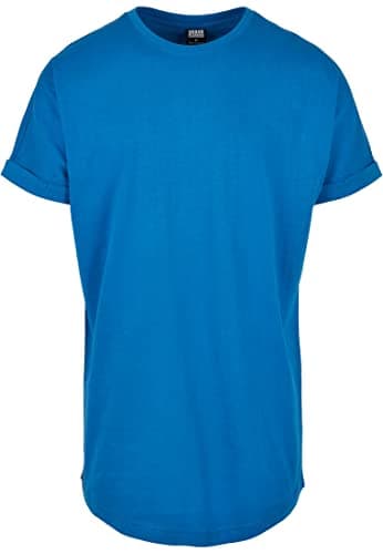 Image of URBAN CLASSICS Men's Long Basic Tee with Round Neckline & Hem, Men's T-Shirt with Turn-Up Finish and Overcut Shoulders, Short-Sleeve Tall Tee T-Shirt with Long Fit, Colour: Sporty Blue, Size: Large