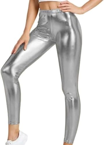 Image of KIKFIT Girls Shiny Metallic Leggings Shiny Stretch Kids Dance Gym Disco Party Ages 3-14 (as8, Age, 7, 8, Regular, Regular, Silver, 7-8 Years)