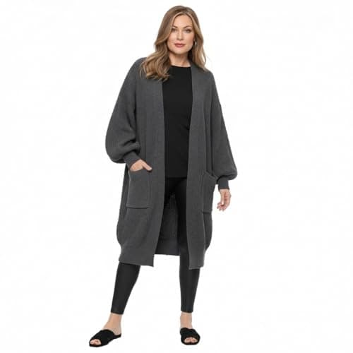 Image of HUBIBUBI Ladies Oversized Long Cardigan Balloon Sleeve Chunky Ribbed Open Knitted Maxi Jumper Ladies Maxi Knitted Puff Sleeve 2 Pocket Cardigan Boyfriend Sweater Top UK Size 8-22 Charcoal