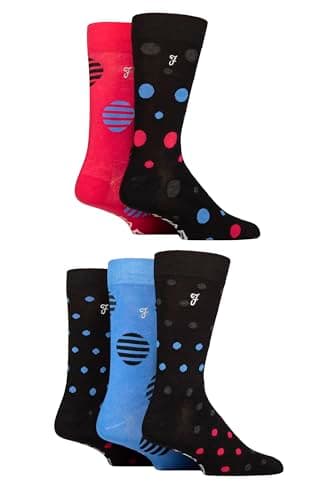 Image of Farah Mens Bamboo Socks Plain and Patterned Striped Argyle Spotty Designs, Bright Colourful, Gift for Him, 5 Pairs - Spotty Black/Crimson/Charcoal 6-11