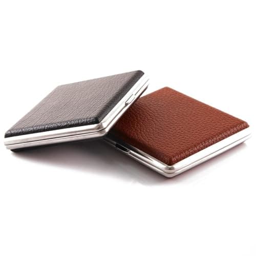 Image of 2 Pcs Cigarette Case for Roll Ups - Gifts for Men - Cigarettes Holder Leather - Men's Cigarette Cases Holds 20 Pcs Cigarettes - Cigarette Tin Cigarette Box Stainless Steel Metal Frame (Black & Brown)
