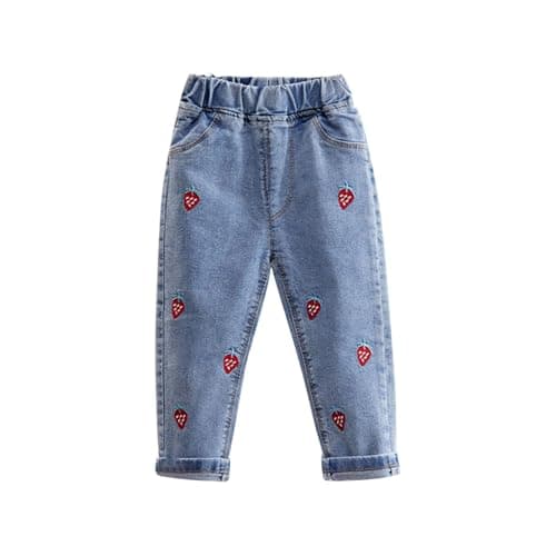 Image of Girl Slim Jeans UK Clearance, Little Kid Elastic Waist Denim Pants Cute Jeans Kids Girls Comfort Stretch Denim Trousers Lightweight School Pants Trendy Fashion Summer Jean for Children Age 2-7 Years