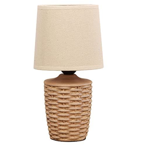 Image of Britalia Distressed Tan Ceramic Vintage Basket Weave Urn Base Table Desk Lamp with Beige Linen Tapered Drum Lampshade | 30cm Height | ES E27 Lamp Bulb Required | UK Approved