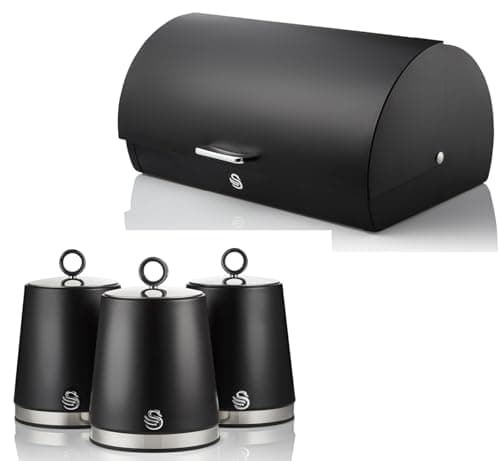 Image of Swan Serenity Black Bread Bin and Tea, Coffee, Sugar Canisters Set. Beautiful Design Kitchen Storage with a Sleek Black Finish and Polished Stainless Steel Accents