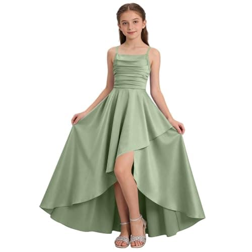 Image of Girls Party Dress 11-12 Years Spaghetti Strap Junior Bridesmaid Dresses Silk Satin Flower Girl Dress Casual Fancy Prom Dresses Summer Daily Special Occasions Green