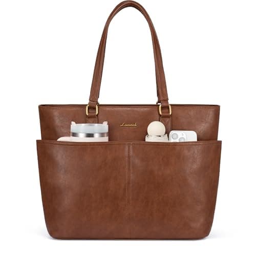 Image of LOVEVOOK Laptop Handbags for Women, 15.6 Inch Large Tote Bags, Ladies Work Bag with Compartments, PU Leather Shoulder Bag, Designer Hand Bag for School, Office, Business - Brown