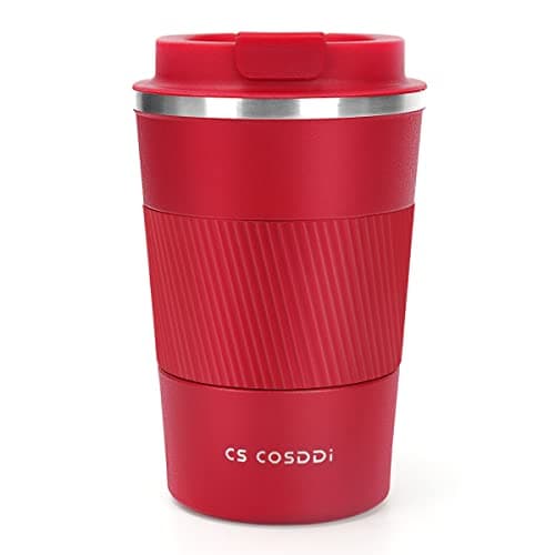 Image of CS COSDDI Travel Mugs, Insulated Coffee Cup with Leakproof Lid - Reusable Coffee Cups Travel - Car Coffee Cup - Stainless Steel Coffee Mug for Hot and Cold Water and Tea (Red-A, 380 ml)