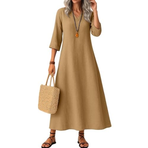 Image of Women's Dress Summer Fall Linen Dresses Casual V Neck Midi Dress Long Sleeve A-line Sundress Solid Colour Maxidress,Brown,M