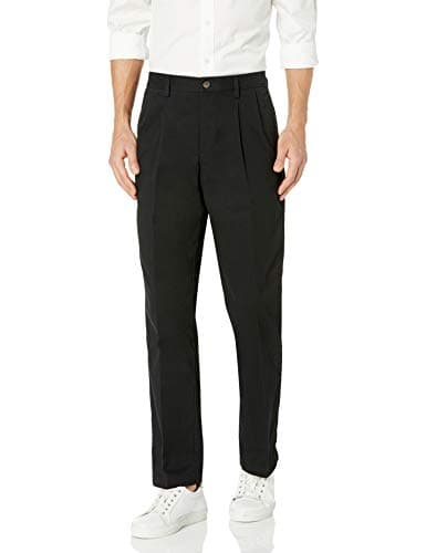 Image of Amazon Essentials Men's Classic-Fit Wrinkle-Resistant Pleated Chino Trousers (Available in Big and Tall), Black, 38W / 36L