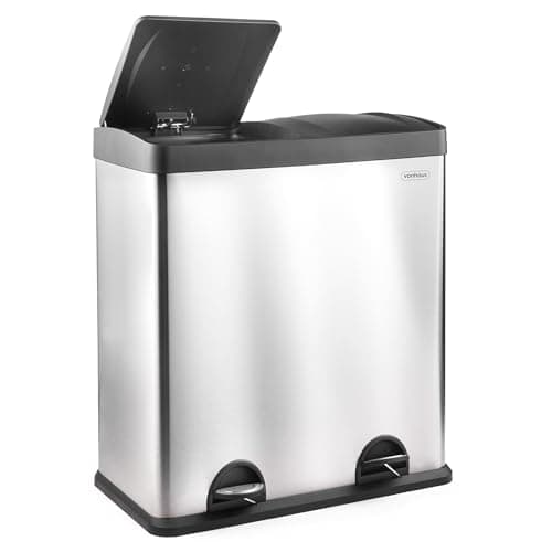 Image of VonHaus Kitchen Bin, 60L Double Recycling Bin for Kitchen, Stainless Steel Two Section Food Waste Separation System with Non-Slip Base & Removable Inner-Compartments 2 x 30L