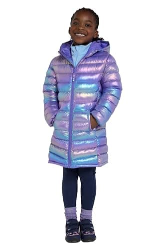 Image of Mountain Warehouse Florence Kids Long Padded Jacket - Lightweight Overcoat, Soft & Warm Puffer Coat with Hood, Childrens Outerwear - Travel & Outdoors Iridescent Kids Size 5-6 Years