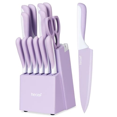 Image of hecef 15-Piece Kitchen Knife Set with Self-Sharpening Wooden Block – High Carbon Stainless Steel, Purple Non-Stick Coating Blade, Includes Steak Knives & Scissors