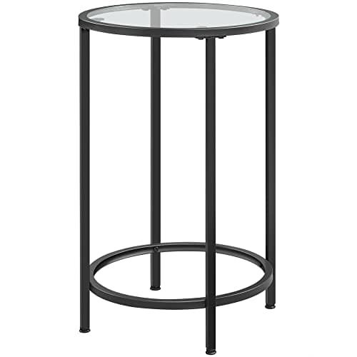 Image of Yaheetech Round Side Table, Small Coffee Table Tall Telephone Table With Sturdy Metal Frame, Modern End Table with Tempered Glass Top, Sofa Table for Living Room/Bedroom, Black