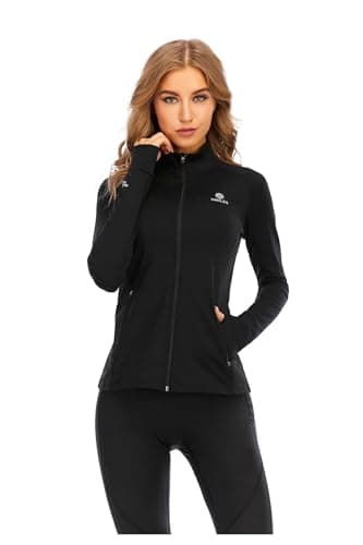 Image of HDTIYUYP Womens UPF Sports Jacket -Gym Tops Long Sleeve Sports T-Shirt Fitness Workout Yoga Crop Mid-weight Ladies Running Tee Shirts Full Zip Breathable Activewear with Thumb Holes Black 14