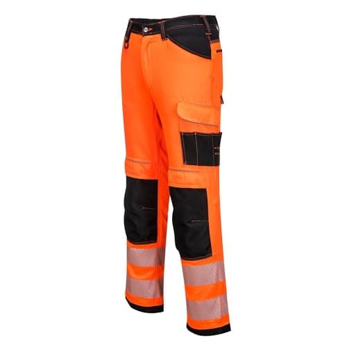 Image of Portwest PW340 PW3 Men's Hi-Vis Cargo Work Trousers with Knee Pads and Pockets - Reflective High Viz Outdoor Safety Workwear, Orange/Black, 38