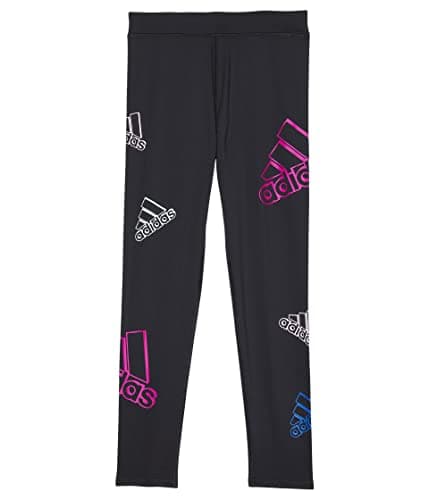Image of adidas Girls' AEROREADY Brand Graphic Tights, Black with Purple, Small (7/8)