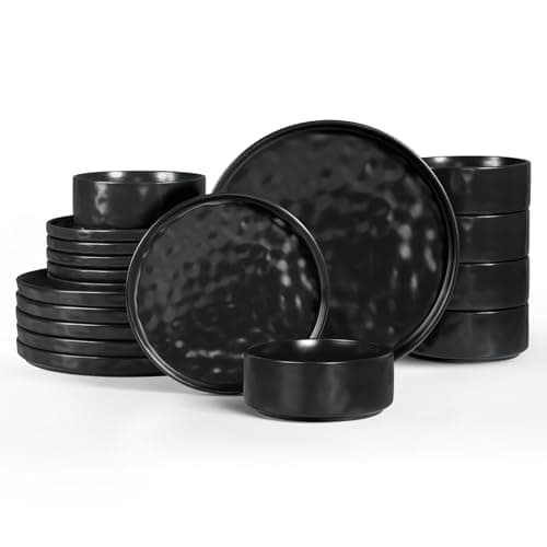 Image of Homikit 12 Piece Dinner Sets, Reactive Glaze Plates and Bowls Set for 4 People, Elegant Dinnerware Stoneware for Kitchen Dinner Camping, Scratch Resistant, Dishwasher & Microwave Safe, Matte Black