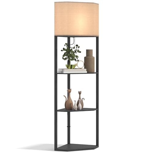 Image of HOMCOM Corner Floor Lamp with Shelves, Modern Tall Standing Lamp with Chain Switch for Living Room, Bedroom, Bulb Not Included, Black