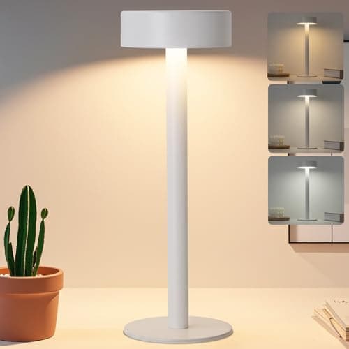 Image of Briever Cordless Table Lamp, Rechargeable Battery Operated Lamp with 3 Colors Stepless, Dimmable LED Desk Lamp for Restaurant, Portable Touch Lamp for Living Room, Bedroom, Patio, Camping (White)
