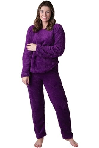 Image of Camille Ladies Pyjamas - Jacquard Sherpa Fleece | Cosy Lounge Wear Set | Long Sleeves, Crew Neck & Elastic Waist | Warm & Snug 2-Piece PJ Top & Bottoms | Comfy Luxury | Purple 18-20