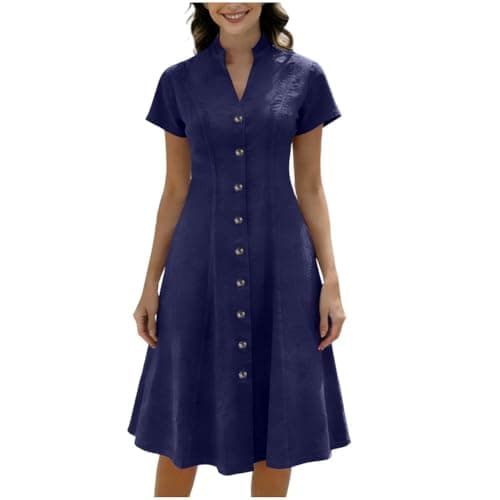 Image of Zeiayuas Denim Dresses for Women Summer Casual V Neck Midi Dress Bitton Down Y2k Streewear Short Sleeve A-Line Pleated Dress Beach Sundress Sexy Ladies Trendy Tunic Dresses Navy