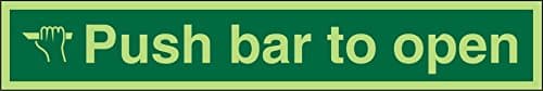 Image of Seco Push Bar To Open Sign, 300mm x 50mm - Photoluminescent Self Adhesive Vinyl