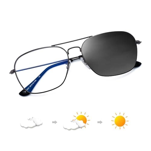 Image of JM Pilot Photochromic Blue Light Blocking Computer Glasses, Square Eye Protect Video Eyeglasses Anti Glare Men Women Gunmetal