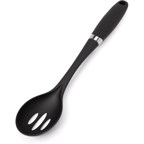 Image of Creative Kitchen Slotted Spoon | Strong Heat Resistant Nylon Utensil | Soft Comfort Grip Handle | Sleek Modern Design with Chrome Trim | Dishwasher Safe | Black/Chrome