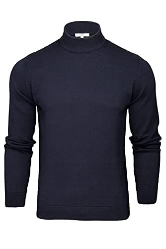 Image of Xact Men’s Pure Cotton Mock Neck Turtleneck Jumper – Premium High Neck Knit, Soft Breathable Winter Sweater, Warm Lightweight Pullover Knitwear (Navy) L