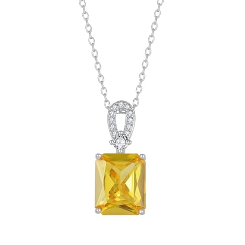 Image of FJ Citrine Necklace Silver Tone Brass November Birthstone Pendant Necklace Rectangular Jewellery for Women