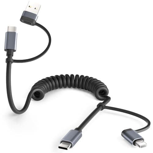 Image of BASESAILOR for iPhone 17 16 Pro Max Car Charger Cable Coiled 1M,4 in 1 USB C to USBC 60W Multi Type C CarPlay Fast Charging Coil Cord with USB/Lightning Adapter for Apple 15 14 13 11 Plus,S25,iPad Air